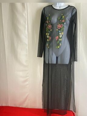 Zara Black Sheer Maxi Dress with Floral Embroidery Size S